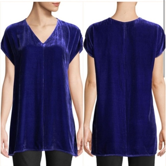 Eileen Fisher Blue Velvet Silk Blend V-Neck Top, Women’s Size Extra Small - Picture 1 of 6